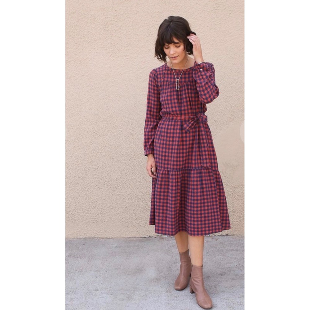 Xirena Ella Dress Gingham Plaid Tiered Midi Cottagecore pockets Sz M